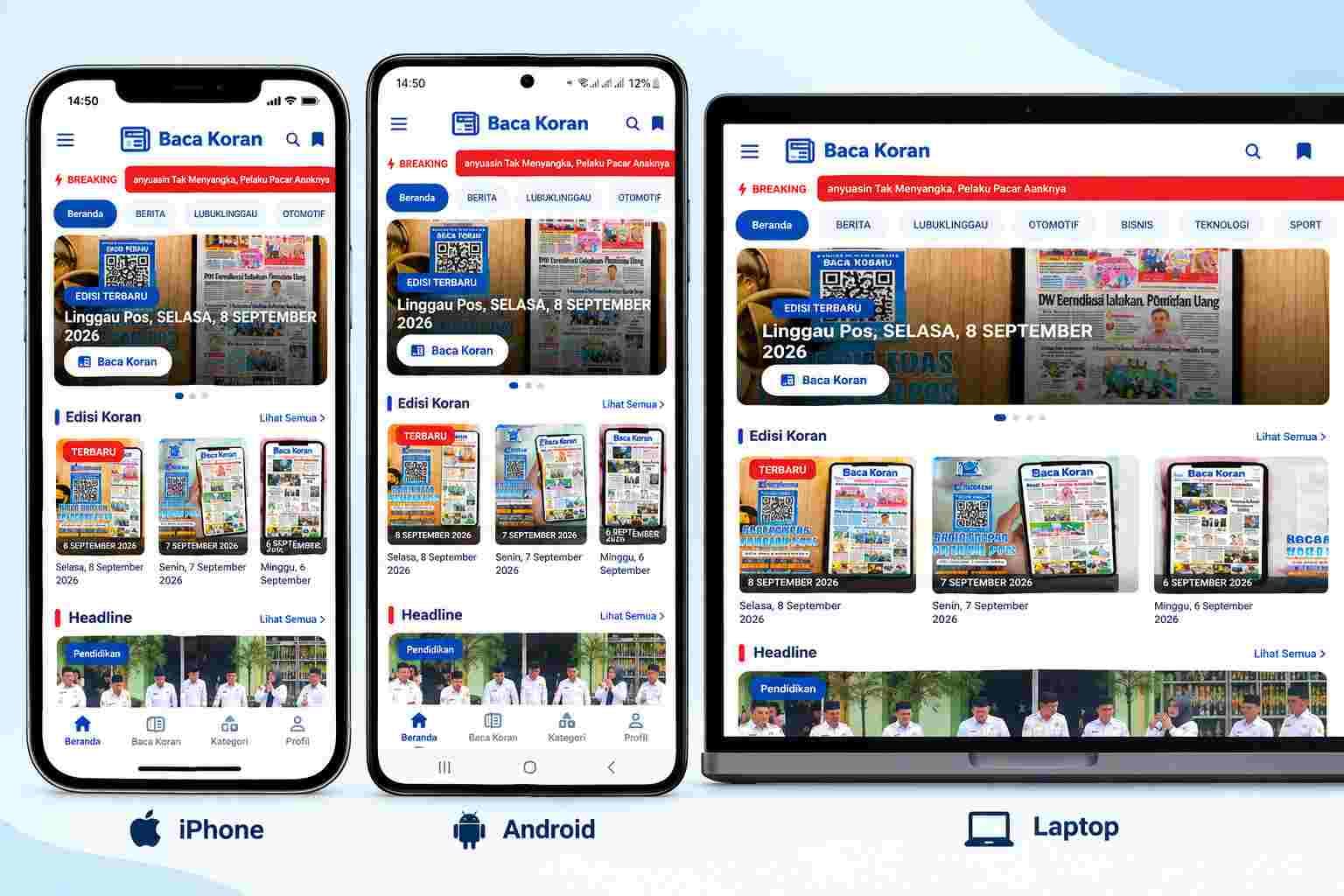 Mockup Baca Koran - E-Paper Linggau Pos pada iPhone, Android, dan Laptop