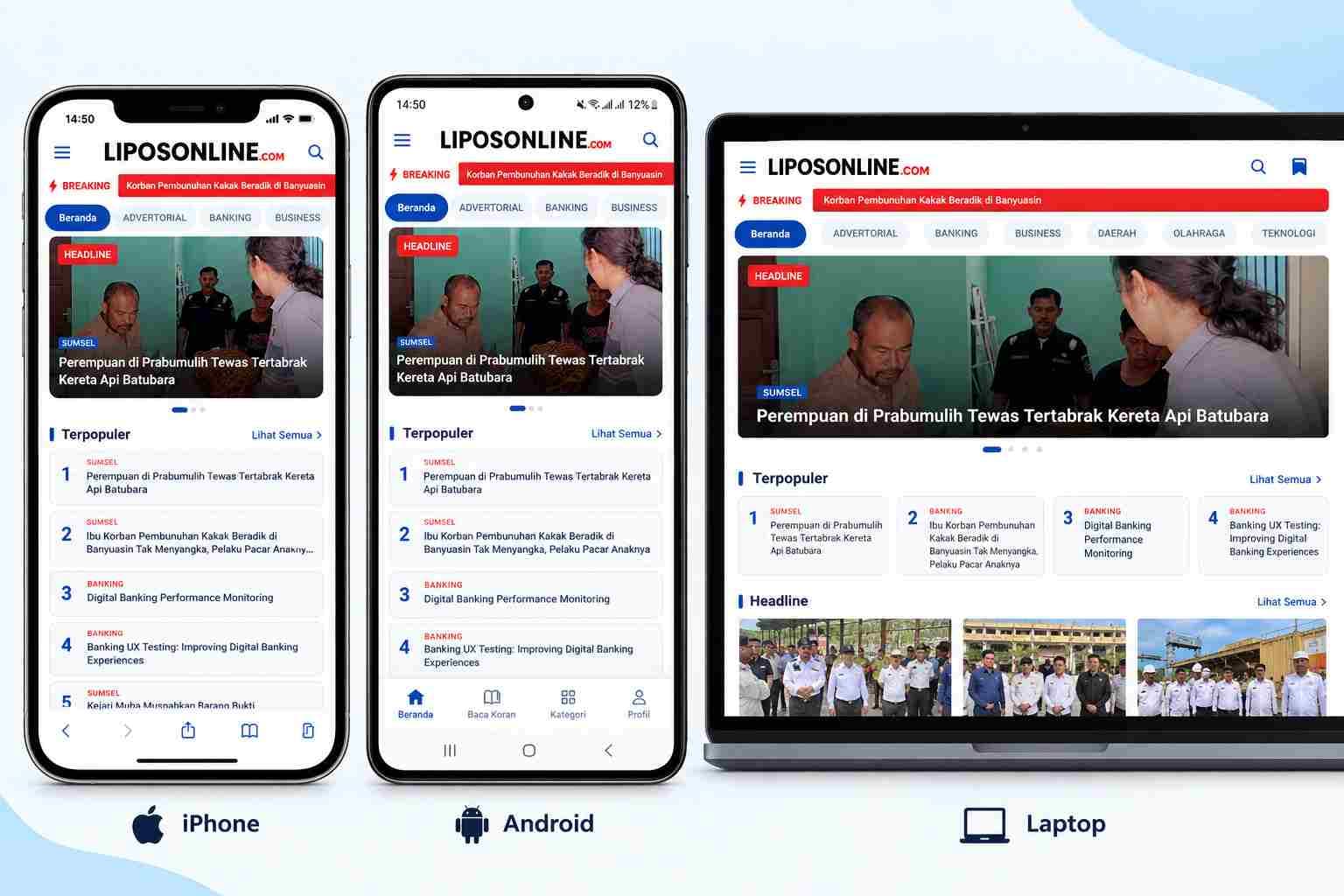 Mockup LIPOSONLINE.com - Portal Berita Modern pada iPhone, Android, dan Laptop