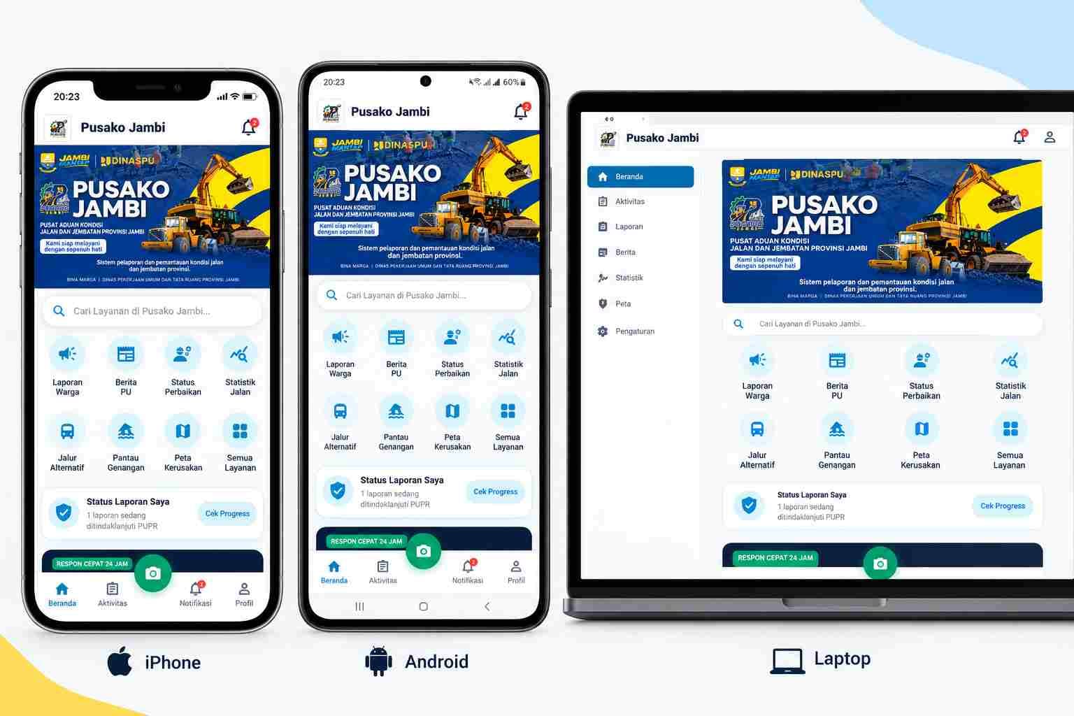 Mockup Pusako Jambi - Pusat Aduan Jalan & Jembatan pada iPhone, Android, dan Laptop