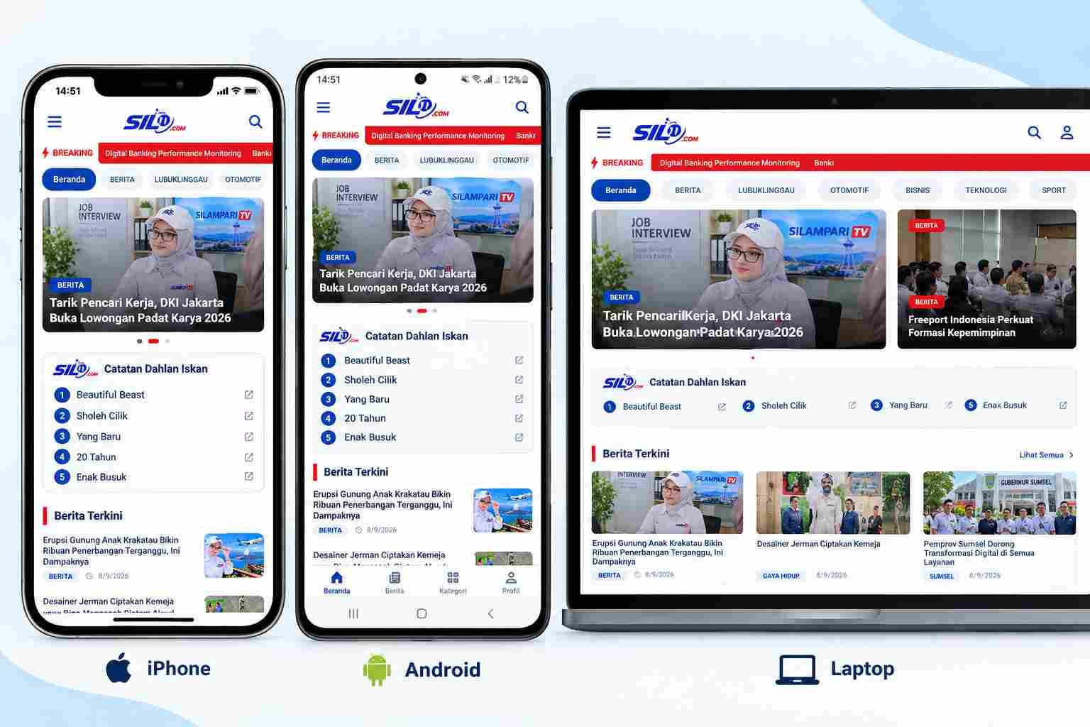 Mockup Silampari TV (SILTV.co) - Portal Video & Streaming pada iPhone, Android, dan Laptop